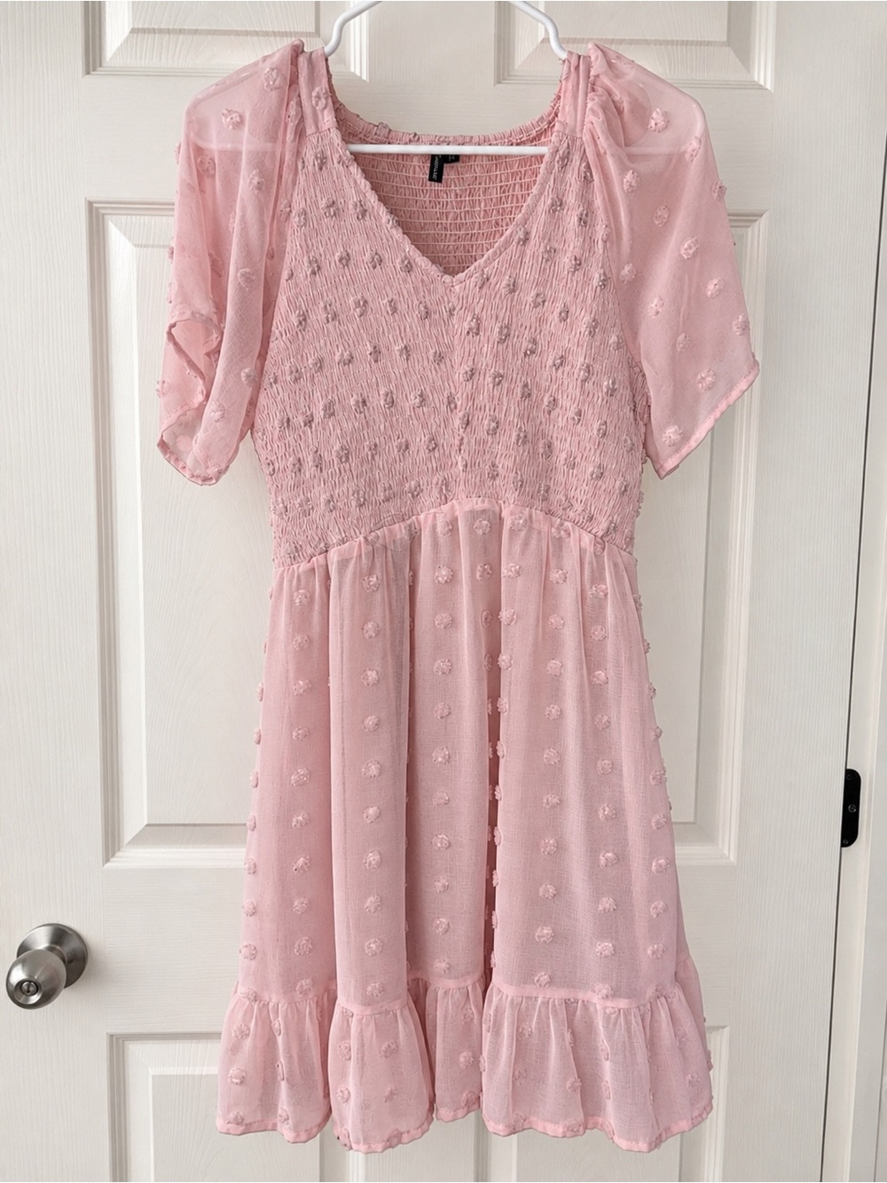 Women’s Pink Swiss Dot Smocked Waist Dress